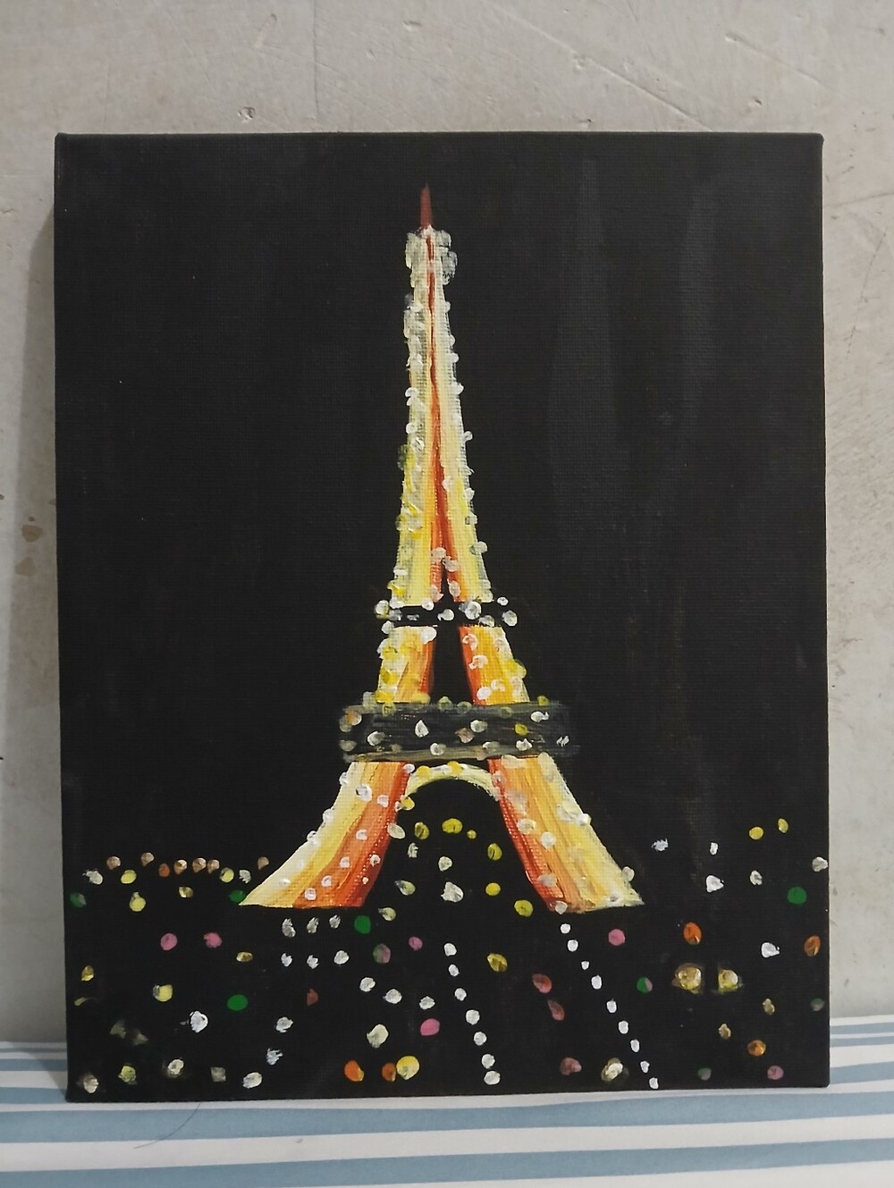 Handmade Eiffel Tower Acrylic Painting with City Lights on 8 × 10 canvas.